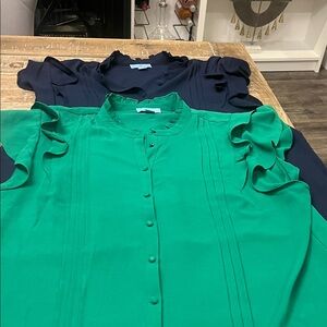 CeCe Vibrant Green and Classic Navy Ruffle Sleeve Blouses (2)